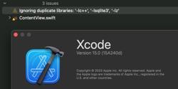 Featured Image for Xcode 15でビルドすると、「ld: warning: ignoring duplicate libraries: '-lc++', '-lsqlite3', '-lz'」警告が発生する。